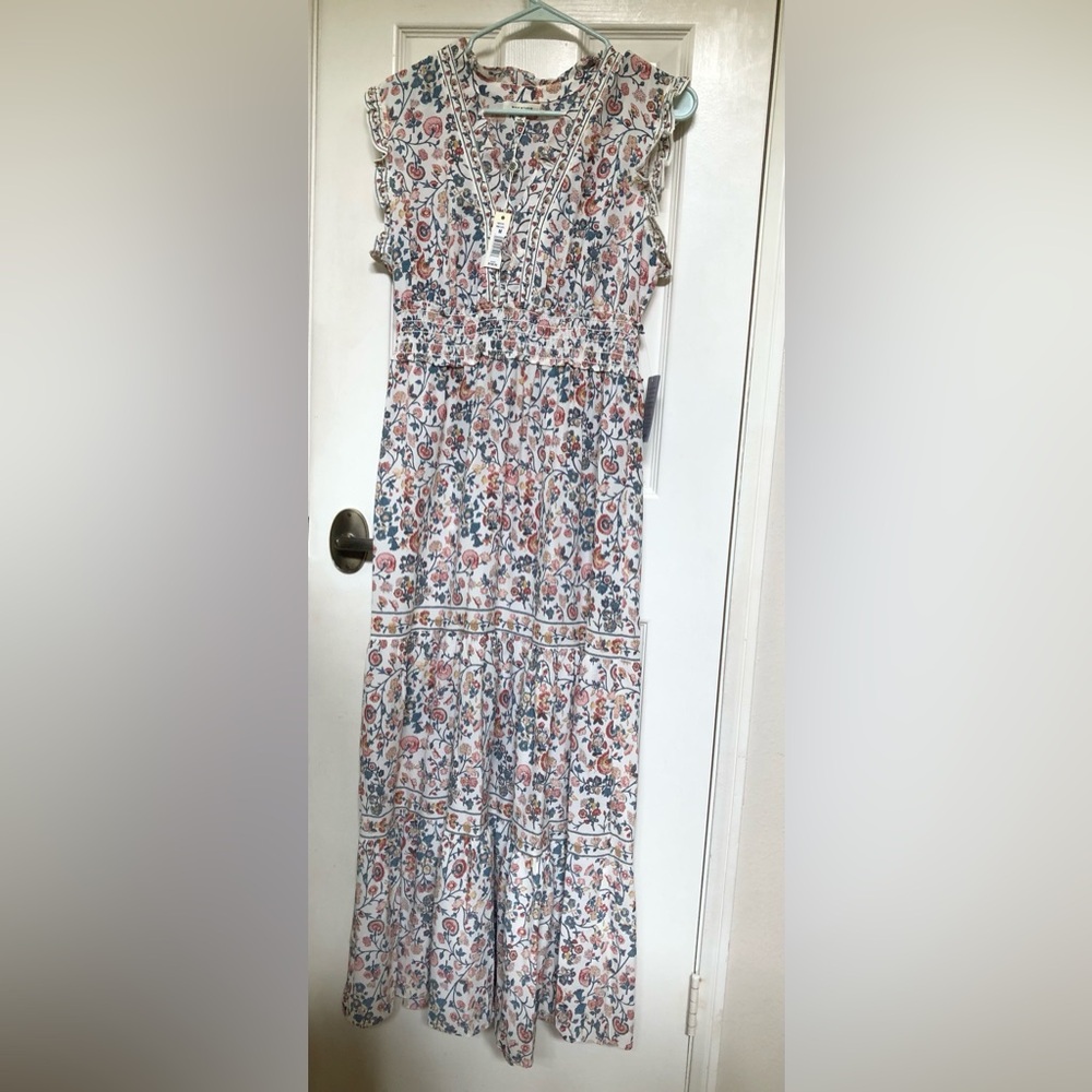Max Studio White Maxi Dress with Pink & Blue Floral Print- Sz Medium